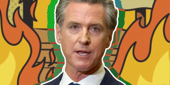 Gavin Newsom in front of flame/burning meme