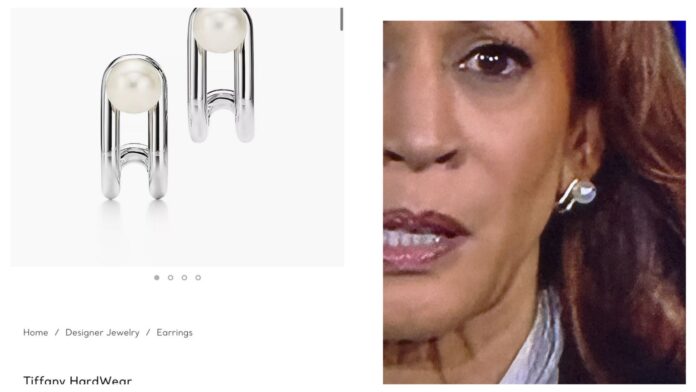 PHOTO: Kamala Harris seen wearing $800 Tiffany & Co Double Pearl Hinged earrings during presidential debate 2024