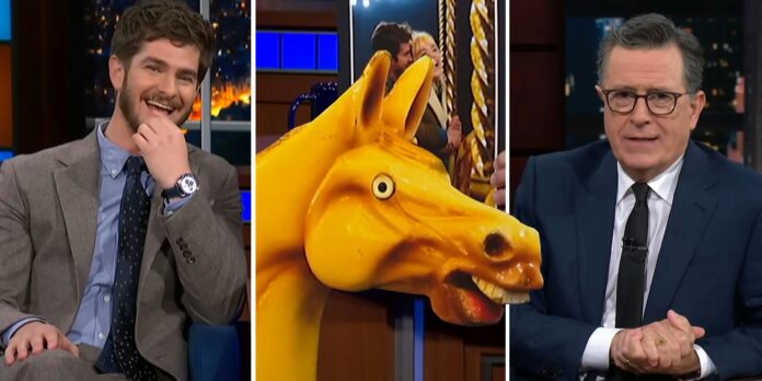 ‘It feels like we’re in HIS poster’: Andrew Garfield explains the carousel horse meme to Stephen Colbert